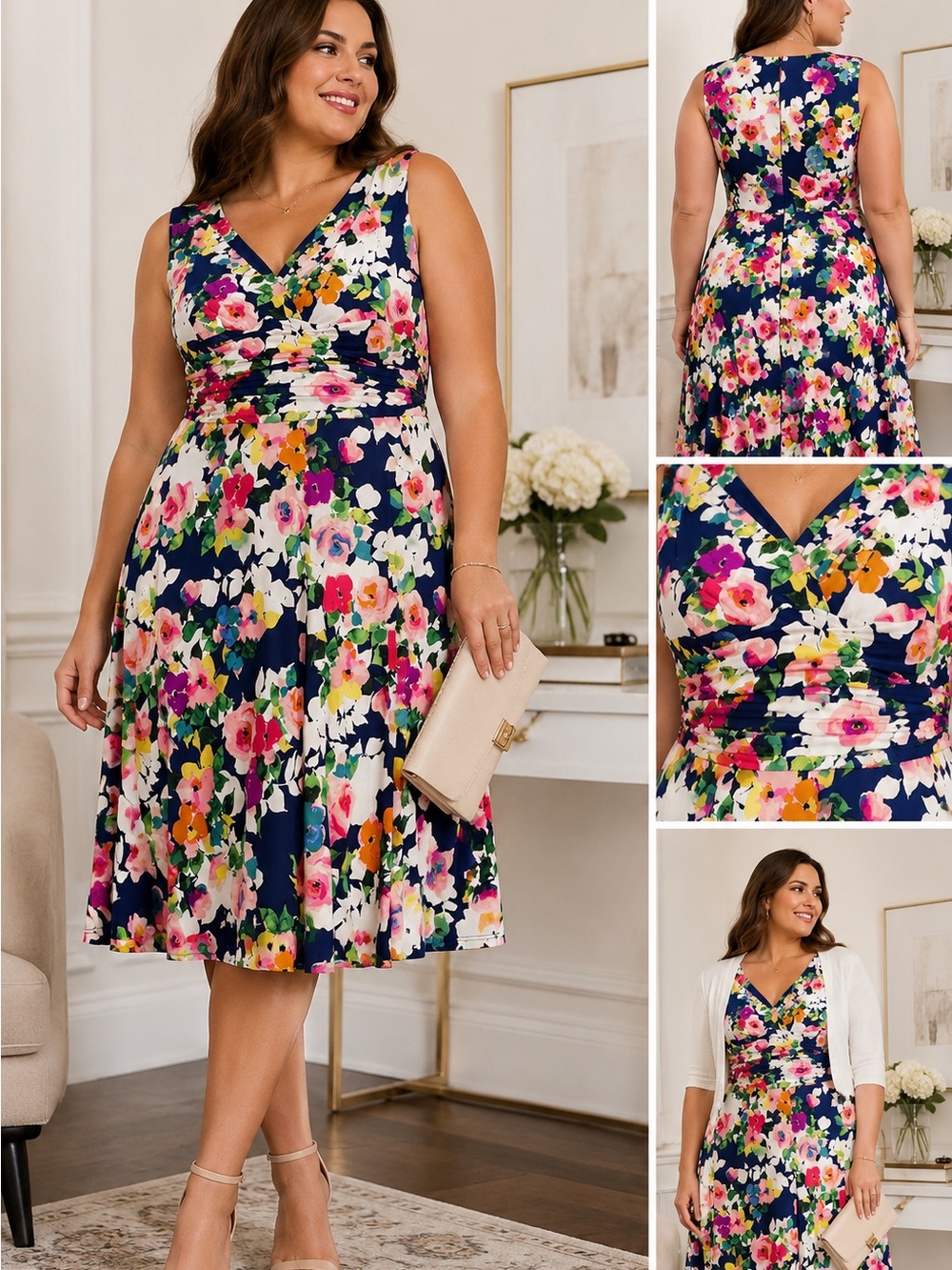 Jessica Howard Navy Floral V-Neck Midi Dress